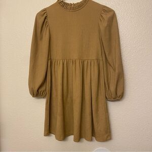 Zara gold tan Textured tan beige brown oversized boho dress mock long sleeve 9